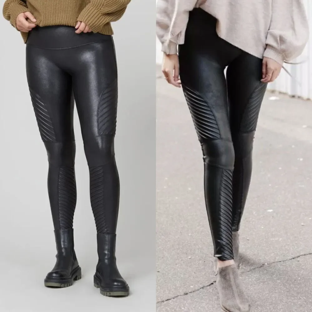 Spanx Women's Size M Black Faux Leather Moto Seamless Leggings Biker Modern